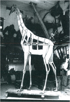 Girafe du Muséum en cours de naturalisation, vers 1890.